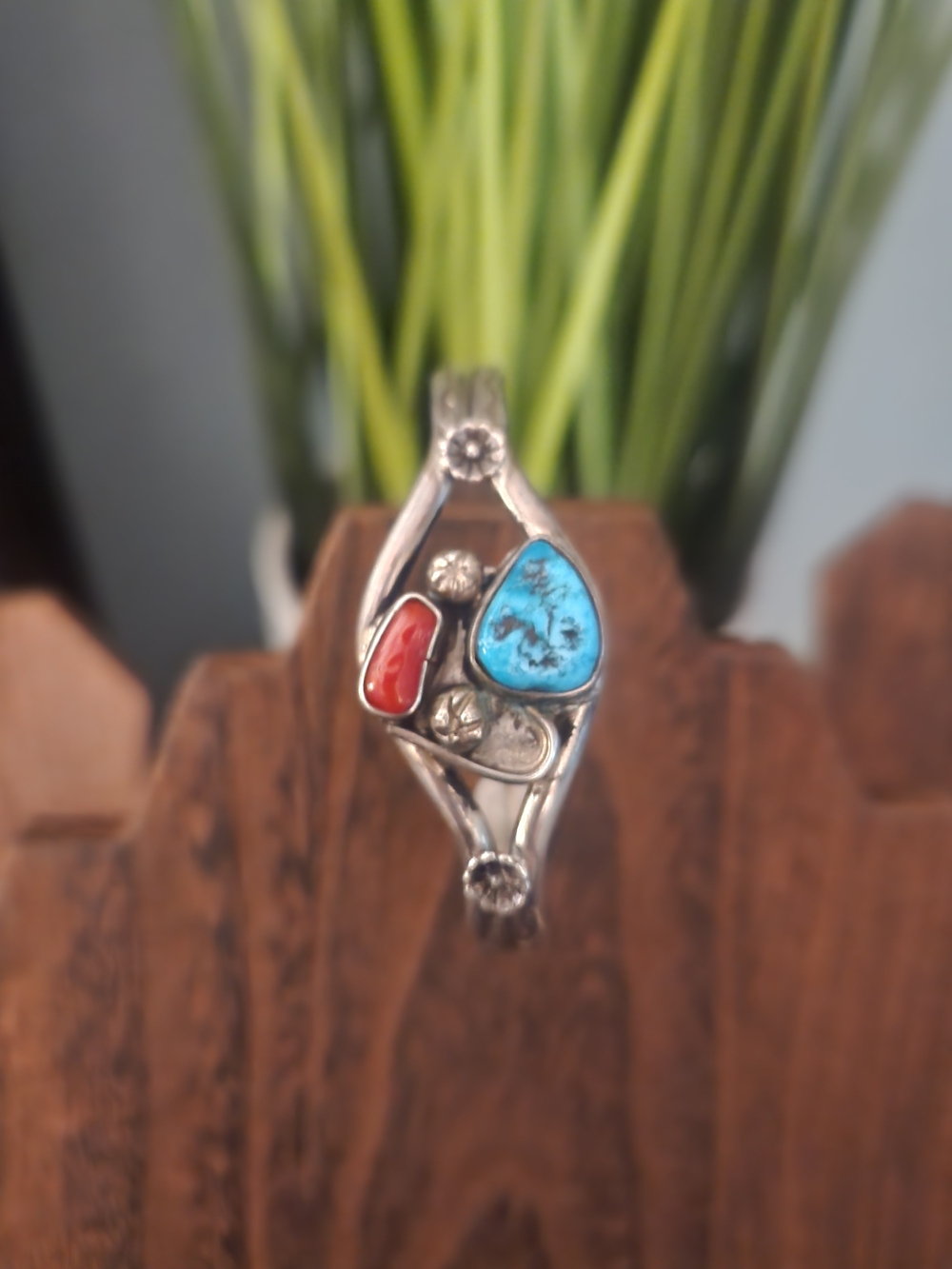 Sterling Silver Turquoise & Red Coral Bracelet Size 6 1/4